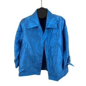 Caroline Rose Blue 100% Silk Open‎ Front 3/4 Sleeve Topper Jacket LARGE